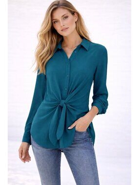 Grace Karin Teal Button-Up Blouse W/ Tie Front & Collared Neckline 2XL
